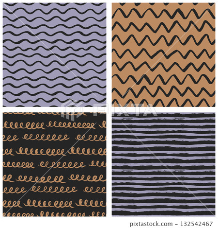 Hand-drawn dark vintage seamless patterns with brush-painted waves, zigzags 132542467