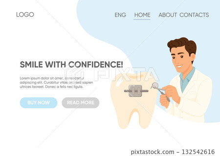 Flat dental website banner with orthodontist and braces illustration 132542616
