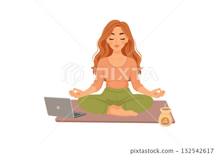 Virtual yoga workout with woman at home using computer for online training Virtual yoga workout with woman at home using computer for online training 132542617