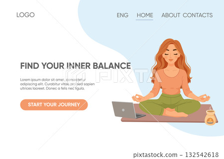 Landing page with woman doing virtual yoga at home on computer 132542618