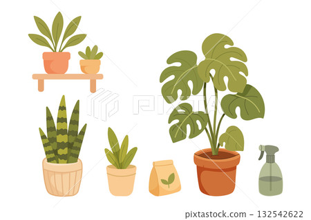 Home plant set with monstera, succulents, sansevieria and gardening tools in flat vector style Home plant set with monstera, succulents, sansevieria and gardening tools in flat vector style 132542622