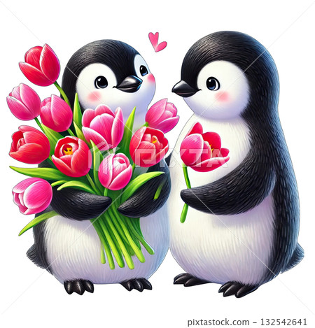 Two cute penguins holding flowers, colorful illustration on white background. Two cute penguins holding flowers, colorful illustration on white background. 132542641