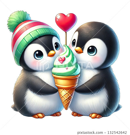 Two cute penguins sharing an ice cream cone with a heart-shaped balloon. 132542642