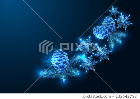 Christmas composition with pine cones, snowflakes and fir branches, holiday vector illustration 132542758
