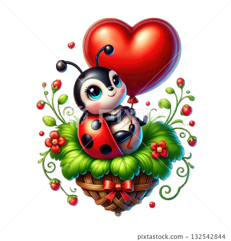 Playful ladybug holding a heart balloon in a floral design. Playful ladybug holding a heart balloon in a floral design. 132542844