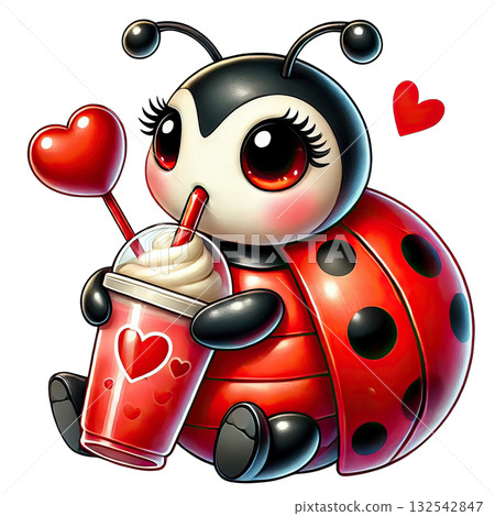 Cute ladybug character enjoying a drink with hearts, colorful and cheerful. 132542847