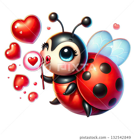 Cute ladybug character with hearts and a lollipop, colorful design. 132542849