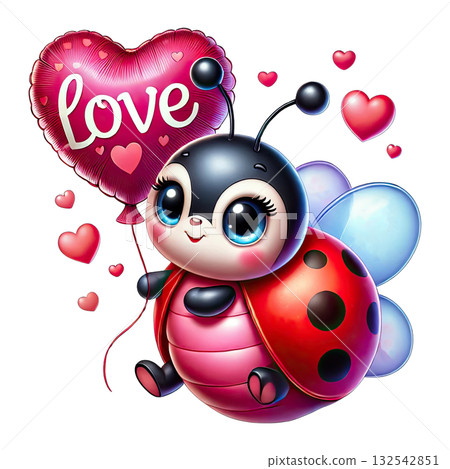 Cute ladybug holding a love balloon with hearts, white isolate background. 132542851