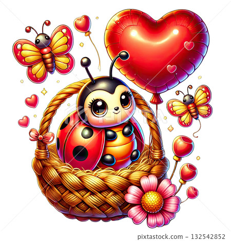 Cute ladybug in a basket with butterflies and heart-shaped balloons, colorful design. 132542852