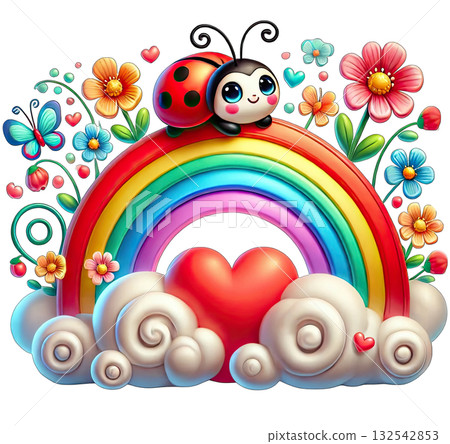 Cute ladybug on rainbow surrounded by flowers and hearts, vibrant colors. 132542853