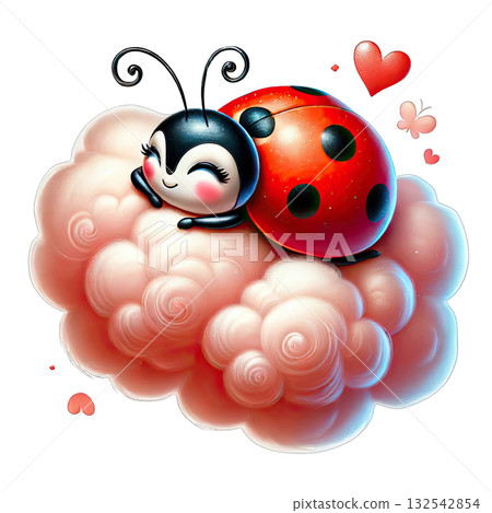 Cute ladybug resting on a fluffy cloud with hearts, whimsical and joyful design. 132542854