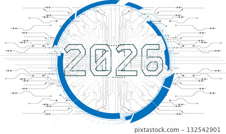Digital design concept for the year 2026 with circuit patterns and futuristic elements 132542901