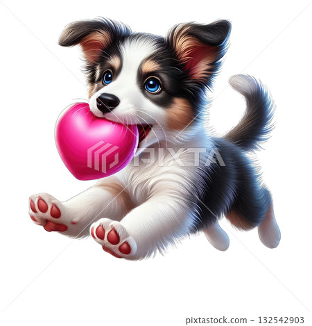 A playful puppy happily carrying a pink heart-shaped toy, isolated on white. A playful puppy happily carrying a pink heart-shaped toy, isolated on white. 132542903