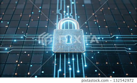 Glowing padlock positioned on a circuit board, radiating energy and signifying security in technology 132542972
