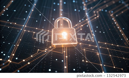 Radiating padlock on a circuit board, glowing brightly and representing security and protection in tech Radiating padlock on a circuit board, glowing brightly and representing security and protection in tech 132542973