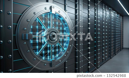 Metal safe door illuminated with glowing blue lights signifying advanced security for valuable assets Metal safe door illuminated with glowing blue lights signifying advanced security for valuable assets 132542988