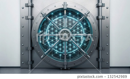 High-tech vault with glowing blue light emitting from within indicating secure data storage solutions High-tech vault with glowing blue light emitting from within indicating secure data storage solutions 132542989