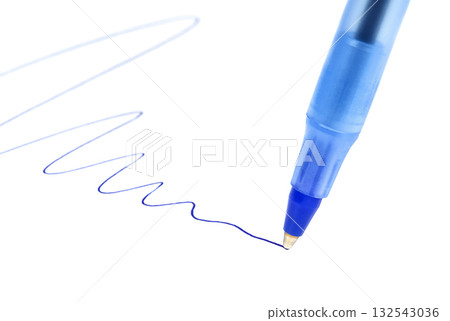 Writing blue ball pen on paper 132543036