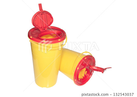 Yellow containers for the disposal of sharps and medical needles isolated on a white background 132543037