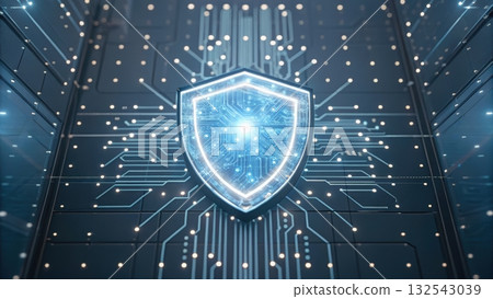 Radiant security shield pulsating with energy over a circuit board displaying modern technology 132543039