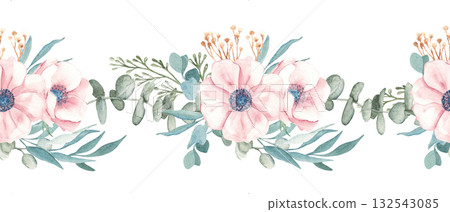 Watercolor seamless floral border with pink anemone, eucalyptus leaves, and dry twigs. Hand painted botanical pattern for invitation, greeting card, or packaging. 132543085