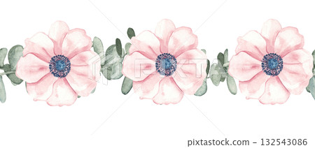 Seamless watercolor floral border with pink anemone flowers and eucalyptus leaves. Hand painted botanical pattern for wedding and greeting cards. 132543086