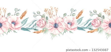 Hand drawn watercolor floral seamless border, pattern with pink anemone, rose, eucalyptus and dry plants. Perfect for wedding invitation, card, or greeting design. 132543087