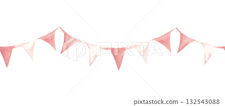 Watercolor pink bunting garland seamless border, pattern. Hand painted baby shower, birthday decoration for girl party, nursery wall print or invitation, cards, templates background. 132543088