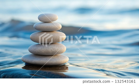 Smooth balanced stones carefully stacked on peaceful shoreline with gentle waves in the background 132543161