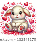 Cute white bunny surrounded by hearts and pink petals on white background. 132543175