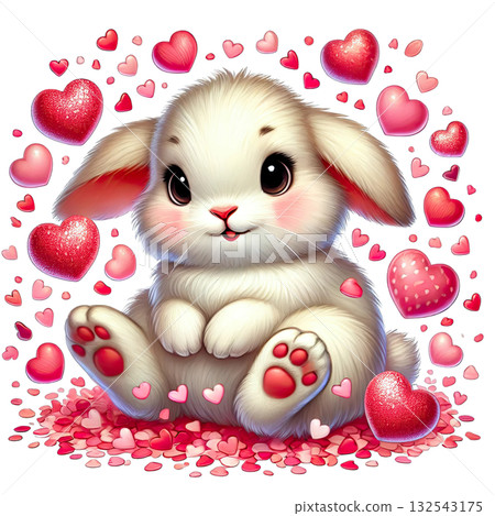 Cute white bunny surrounded by hearts and pink petals on white background. Cute white bunny surrounded by hearts and pink petals on white background. 132543175