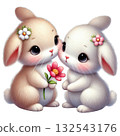 Two cute bunnies with flowers, isolated on white background. 132543176