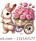 A cute bunny carrying a cart filled with pink roses on a white background. 132543177