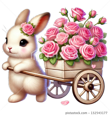 A cute bunny carrying a cart filled with pink roses on a white background. A cute bunny carrying a cart filled with pink roses on a white background. 132543177