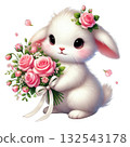 Cute bunny holding a bouquet of pink roses with a charming floral crown. 132543178