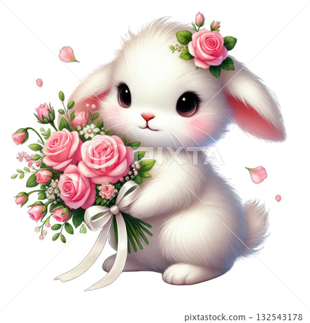 Cute bunny holding a bouquet of pink roses with a charming floral crown. 132543178