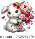 Cute bunny holding a bouquet of pink roses with hearts around, white isolate background 132543179