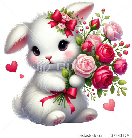 Cute bunny holding a bouquet of pink roses with hearts around, white isolate background 132543179