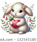 Cute bunny holding a heart among flowers, colorful and cheerful. 132543180