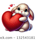 Cute bunny holding a red heart with love symbols around it. 132543181