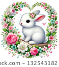 Cute bunny surrounded by flowers in a heart-shaped arrangement. 132543182
