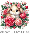 Cute bunny surrounded by vibrant roses on a white isolated background. 132543183