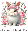 Cute bunny with floral crown surrounded by pink roses, white isolated background. 132543197