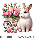 Cute rabbit sitting beside a cart filled with pink roses, white isolate background. 132543201