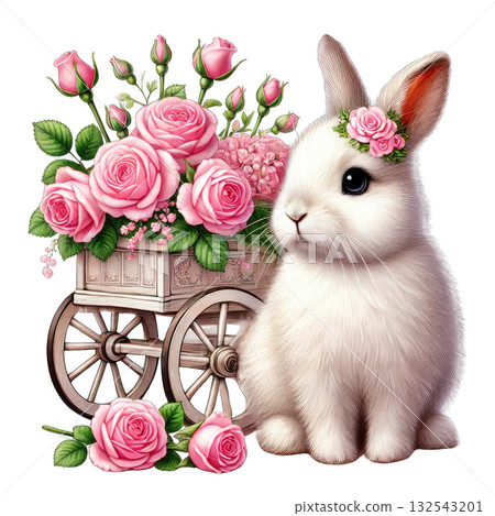 Cute rabbit sitting beside a cart filled with pink roses, white isolate background. Cute rabbit sitting beside a cart filled with pink roses, white isolate background. 132543201
