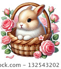 Cute rabbit sitting in a woven basket surrounded by pink roses. 132543202