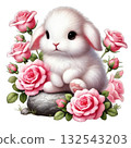 Cute rabbit surrounded by pink roses on a white isolated background. 132543203