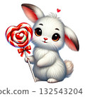 Cute white bunny holding a colorful heart-shaped lollipop, white isolated background. 132543204