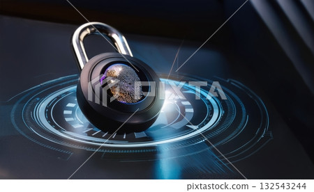 Sleek ai-powered lock with glowing biometric scan in progress symbolizing security and protection Sleek ai-powered lock with glowing biometric scan in progress symbolizing security and protection 132543244