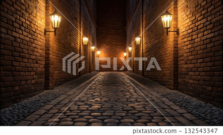 Deserted cobblestone alley at night with lanterns casting soft light for a mysterious atmosphere Deserted cobblestone alley at night with lanterns casting soft light for a mysterious atmosphere 132543347